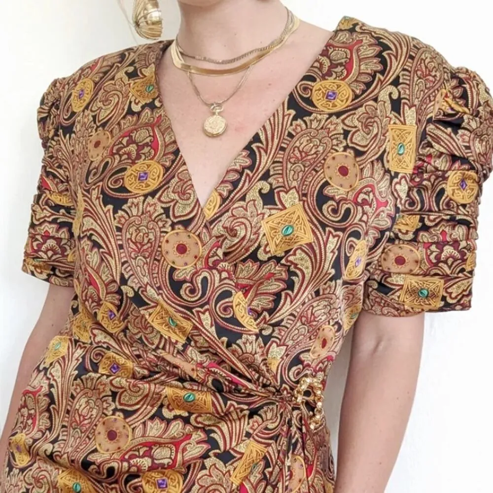 Vintage Richard Warren silk faux wrap structured gold buckle dress baroque Size M - Image 7