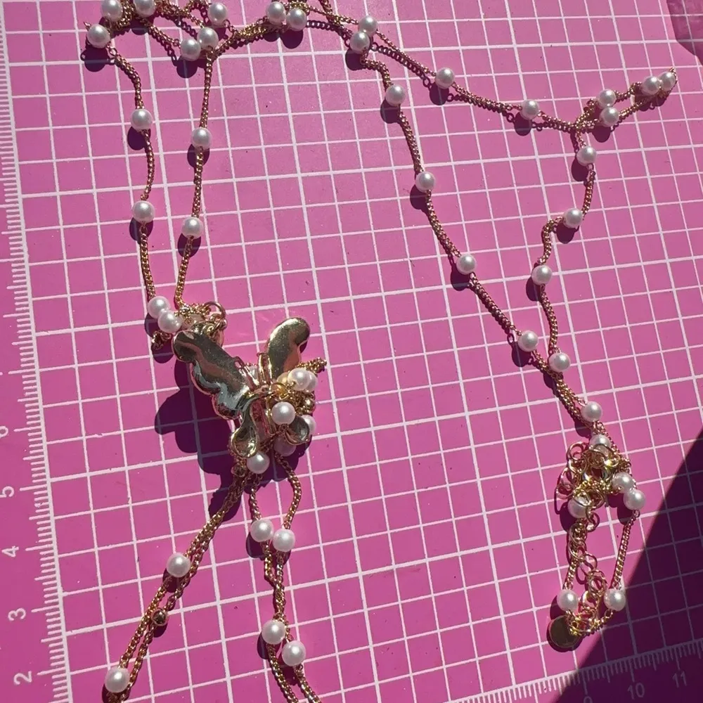 Anne Klein gold tone Y-drop long pearl necklace diamonds paved butterfly pendant - Image 6