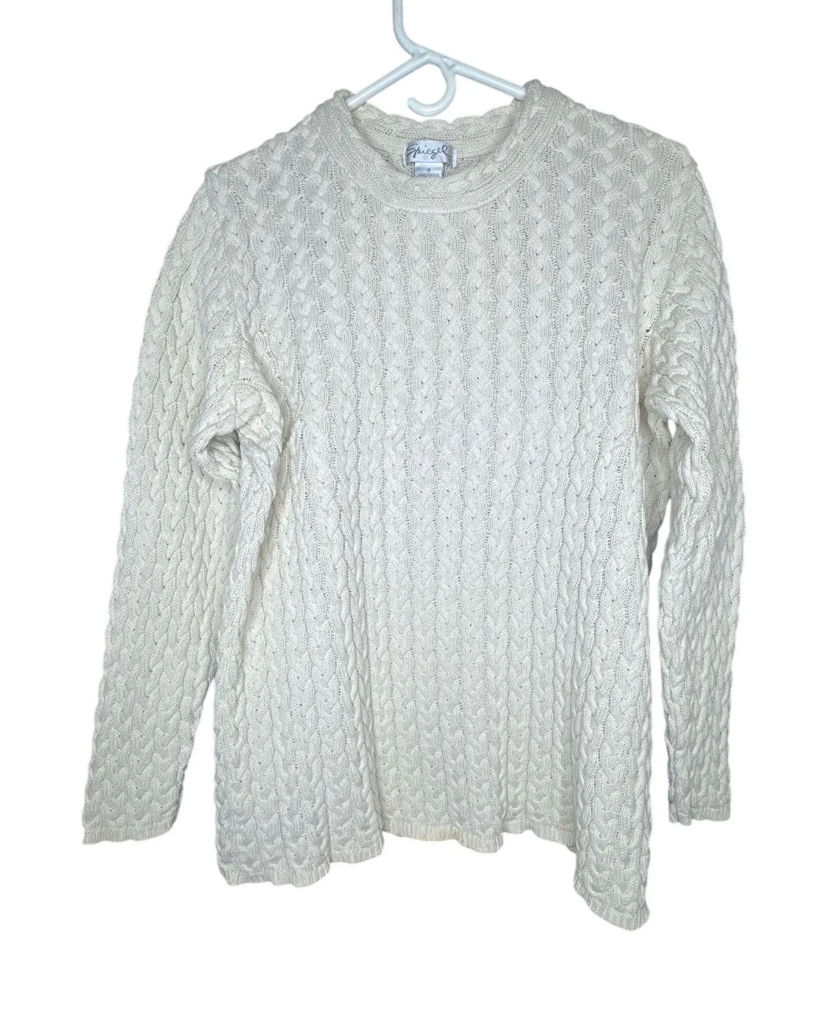 1980s Spiegel Cable Knit Sweater Adult Medium 100% Cotton Cream Classic Pullover - Image 1