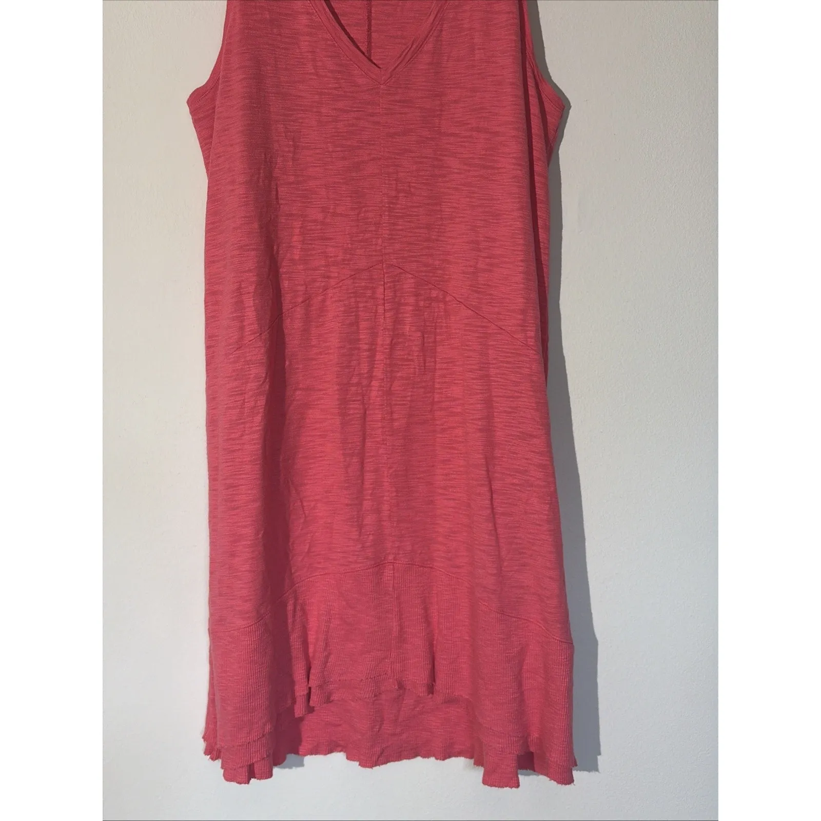 Lilla P Coral Seamed Ribbed Raw Hem Vneck Sleeveless Pima Cotton Modal Dress MED Pink - Image 3