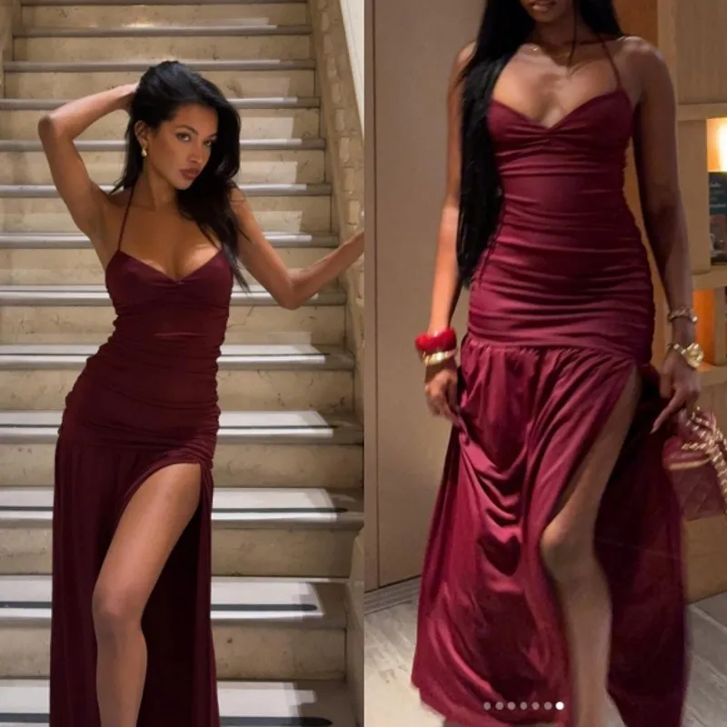 White Fox Sweet Skies Maxi Dress Burgundy Small Ruched Gala Valentine New Year - Image 2