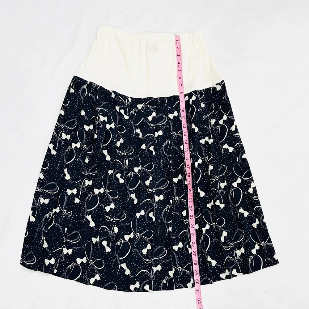 Vintage Allisia Drop Waist Cream Navy Bows Ribbons Printed Pleated Skirt Blue Size M - Image 7