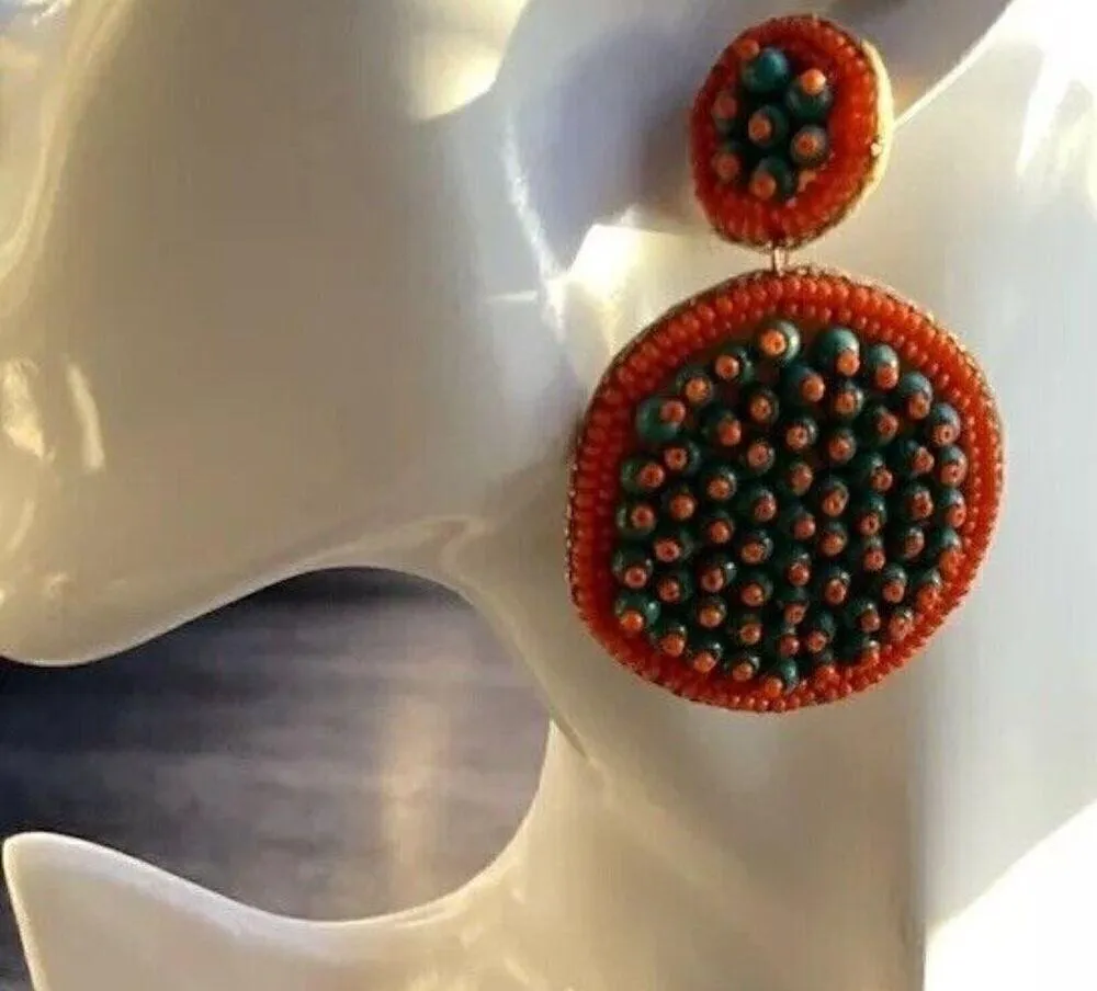Vintage Modern Green Orange Bead Tassle Earrings Boho Western Dangle Statement - Image 8