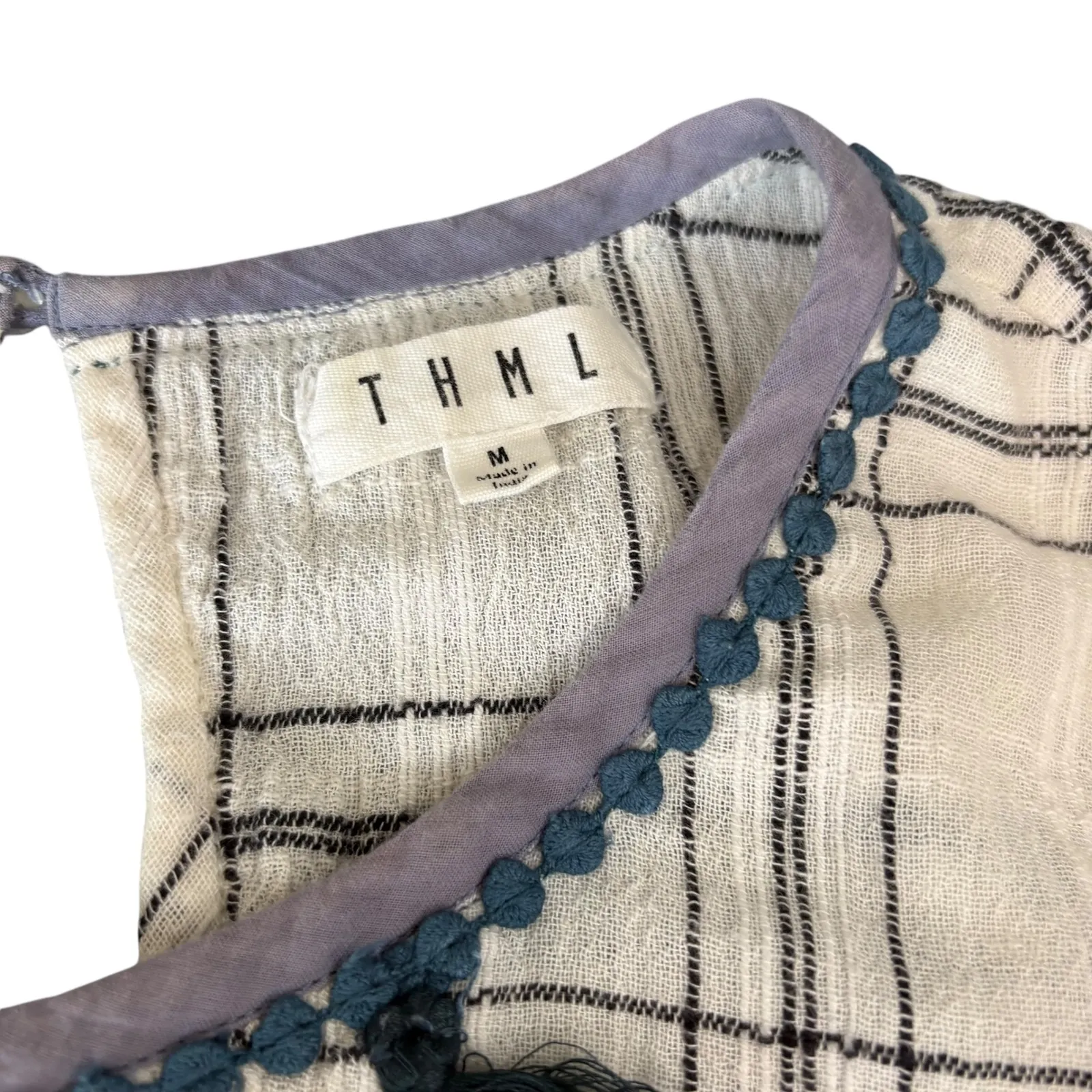 THML Women's Plaid Tassel Boho Short Sleeve Top Shirt‎ Blouse Medium - Image 5