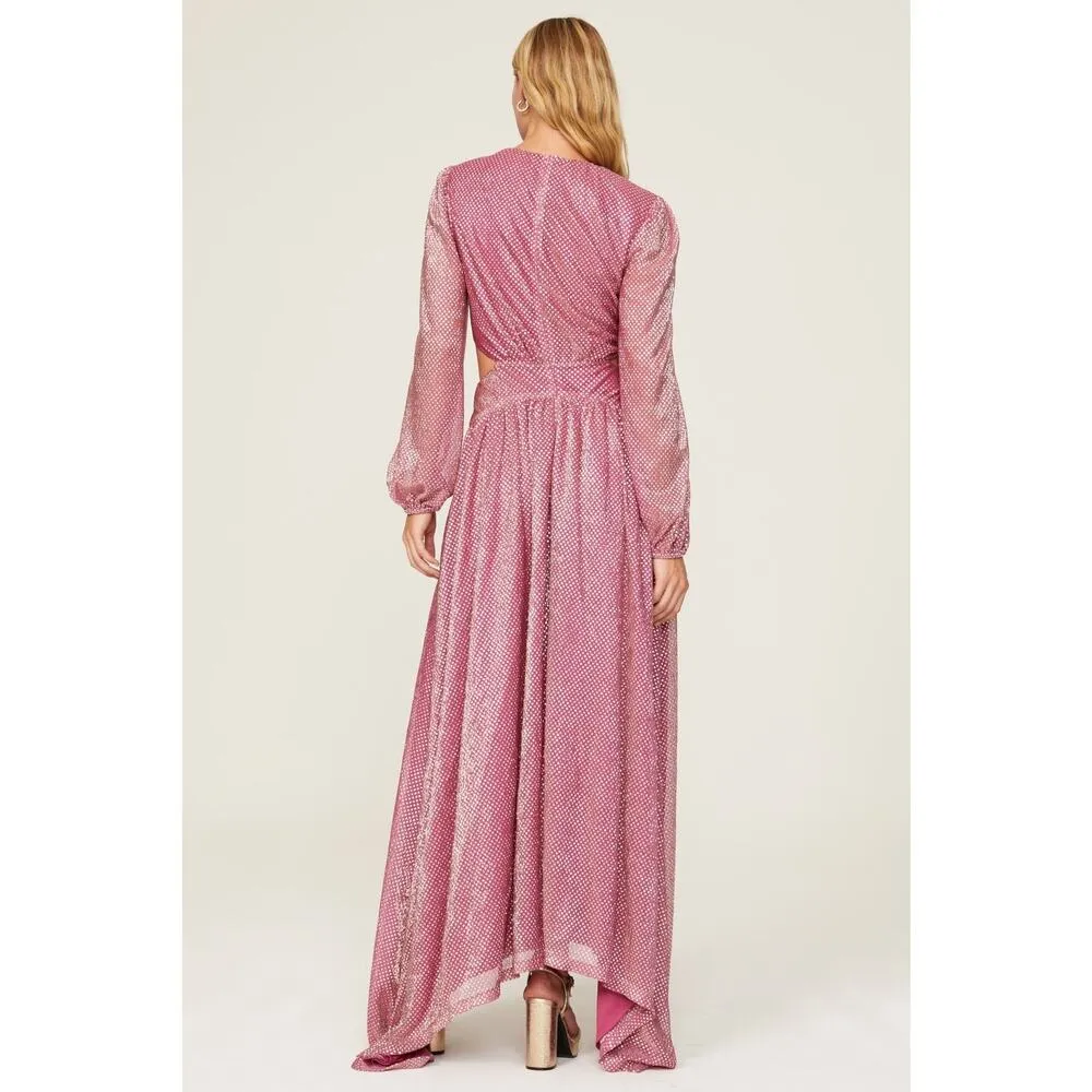 Ramy Brook Lebron Pink Metallic Long Sleeve Twisted Cutout Waist Gown Size 2 - Image 3