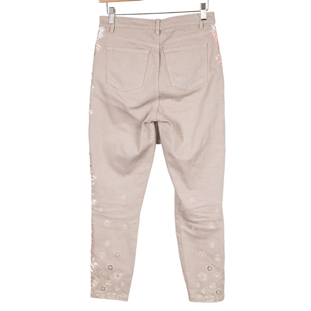 Elie Tahari Embroidered Khaki Jeans 26 Floral Straight Cropped Cotton Spring - Image 2