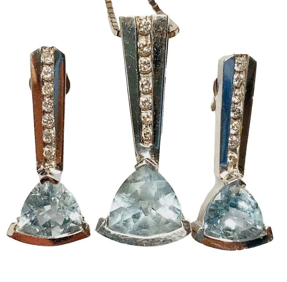14K White Gold Trillion Cut Aquamarine Round Diamond Earrings and Necklace Set - Image 3