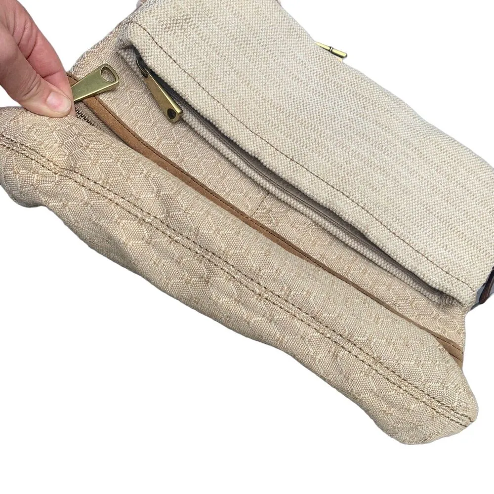 Fossil Explorer Purse Canvas Leather Cream Fold Over Boho Beach Coastal Large - Image 3