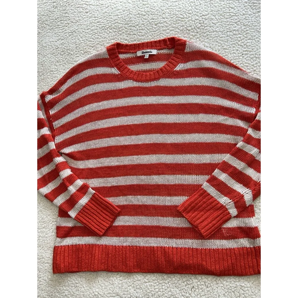 Madewell $110 Linen Drop-Shoulder Sweater Bright Flame Stripe Orange/Cream Sz S - Image 10