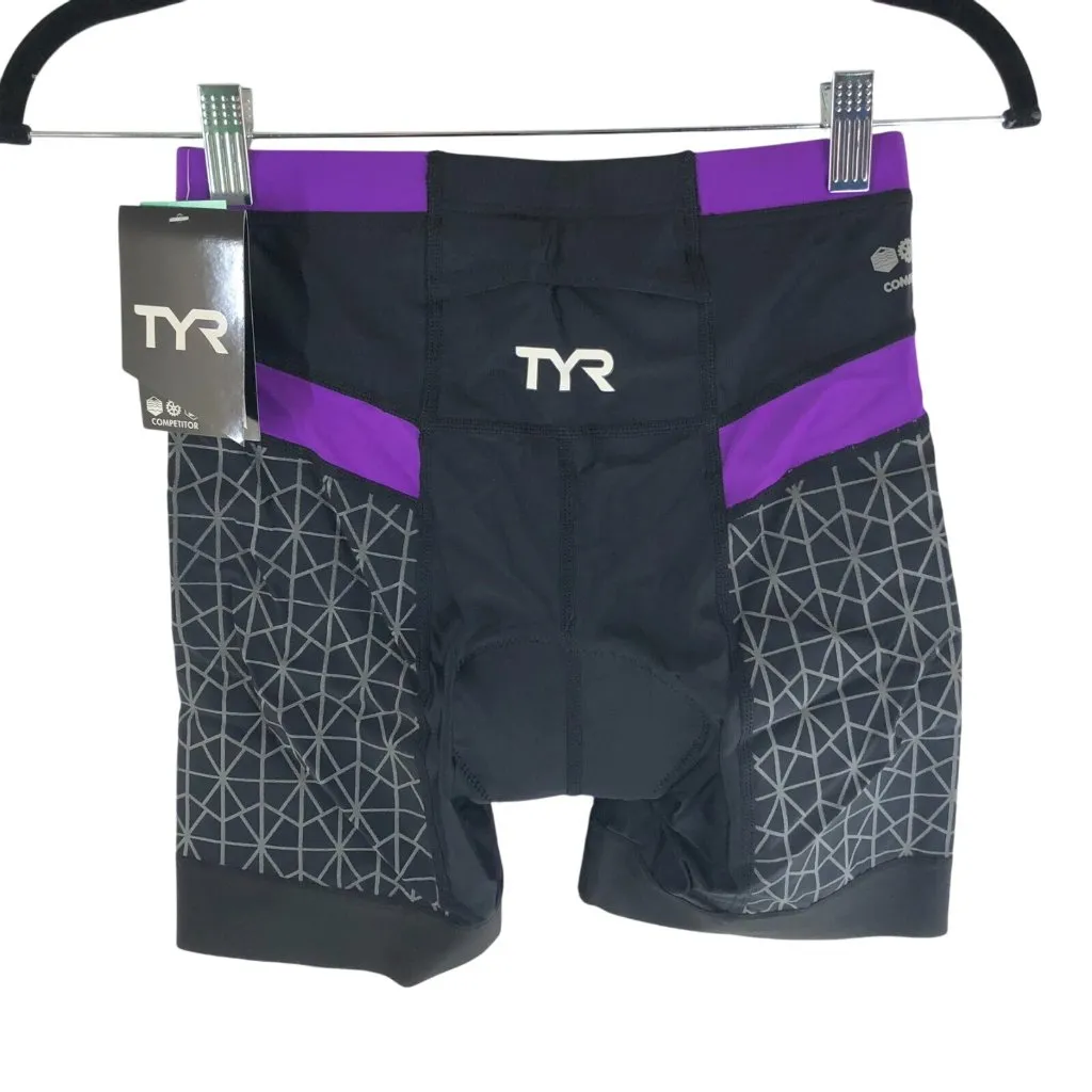 TYR Womens 6 Inch Competitor Tri Shorts Triathlon Padded Grippers Black Purple M Size M - Image 2