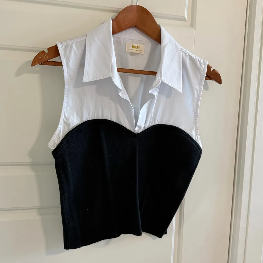 Anthropologie Maeve Black and White Sleeveless Blouse with Busier and Collar - Image 4