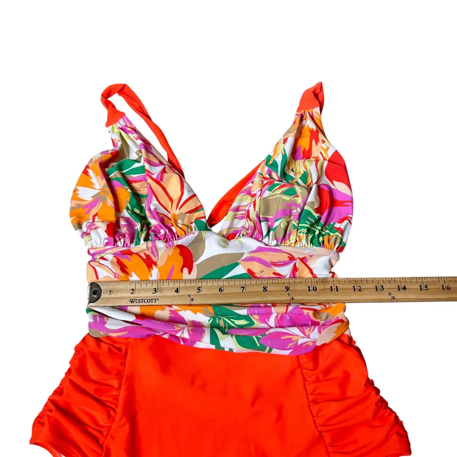New Womens Swimsuit S/M Floral One Piece Ruched Orange Accents Pool Beach - Image 7