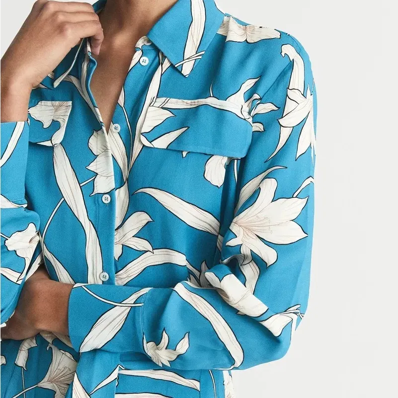 Reiss Tida Shirt Dress Teal Blue Floral Belted Long Sleeve Lunch Brunch Casual - Image 2