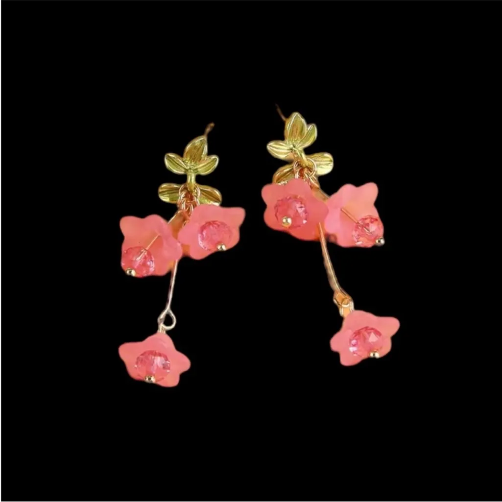 Pink Flower Pendant Elegant Dangle‎ Earrings Boho Minimalist Style Resin Jewelry Gold - Image 7
