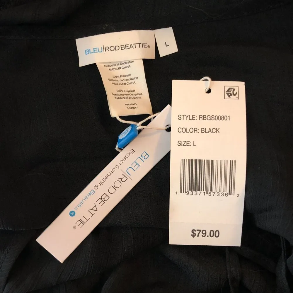 Bleu Rod Beattie Gypset Chiffon Caftan Cover Up Sheer Pom Fringe Black L - Image 4