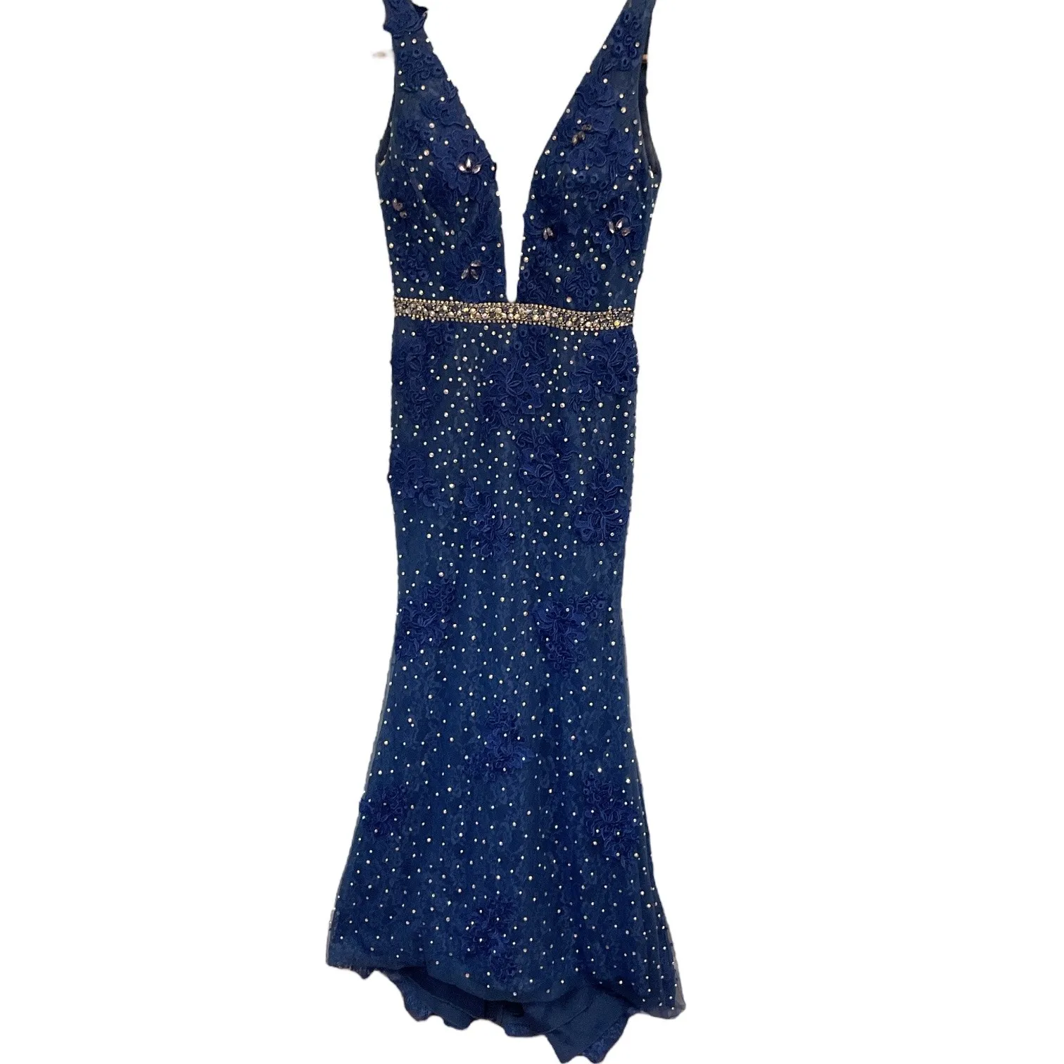 Panoply Navy Blue Beaded Lace embroidered V Neck Prom Evening Gown Dress Size 8 - Image 4