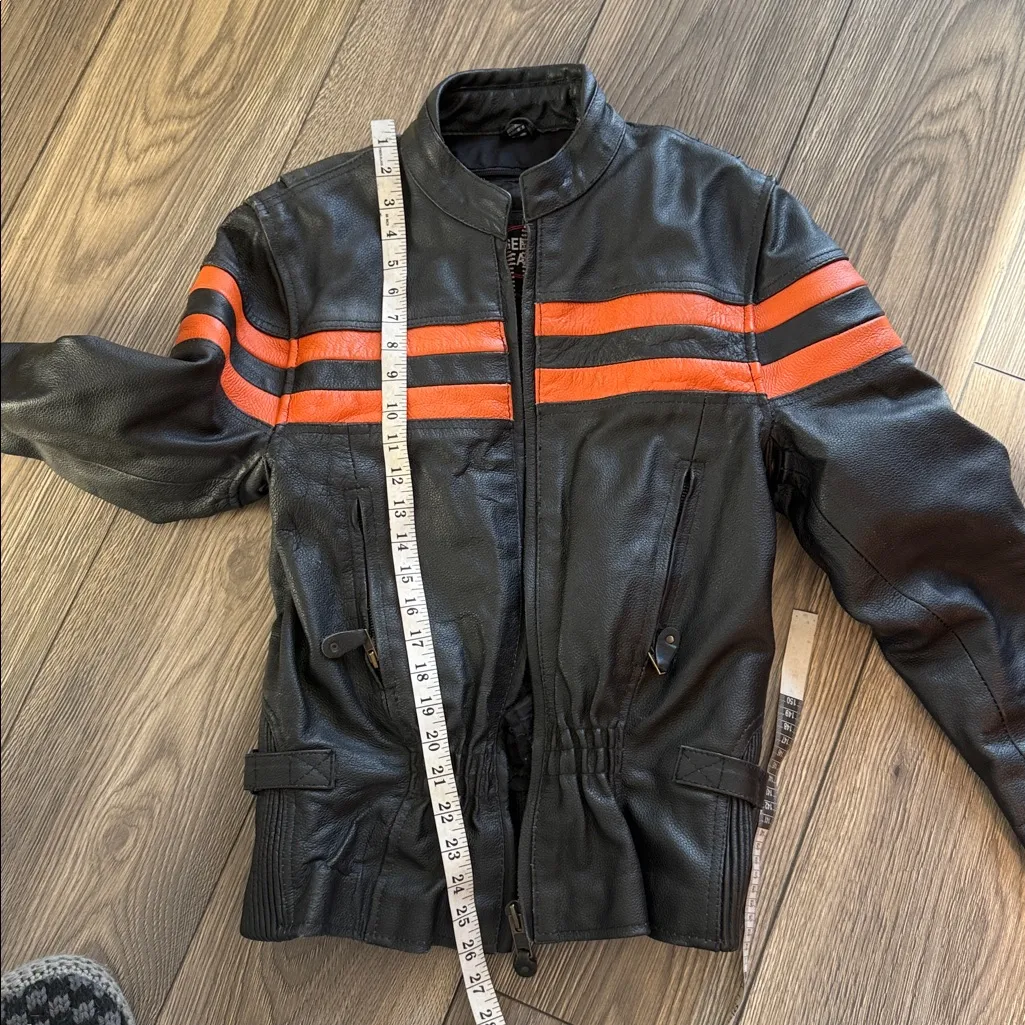 Vintage Black Leather motorcycle Jacket with Orange Stripes - Image 12
