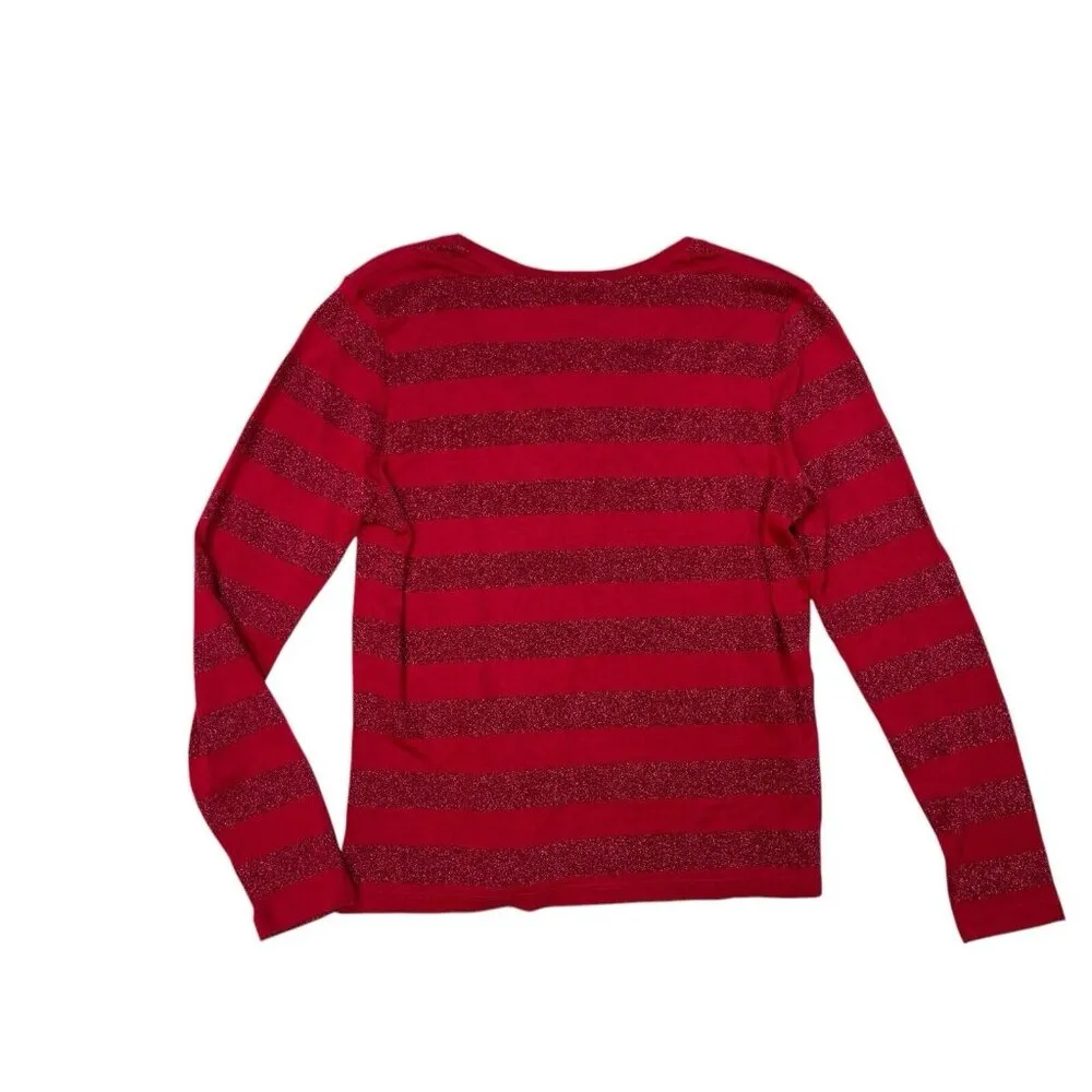 New Talbots Top Womens PM Red Sparkle Stripe Tee V-Neck Long Sleeve Casual Shirt - Image 2