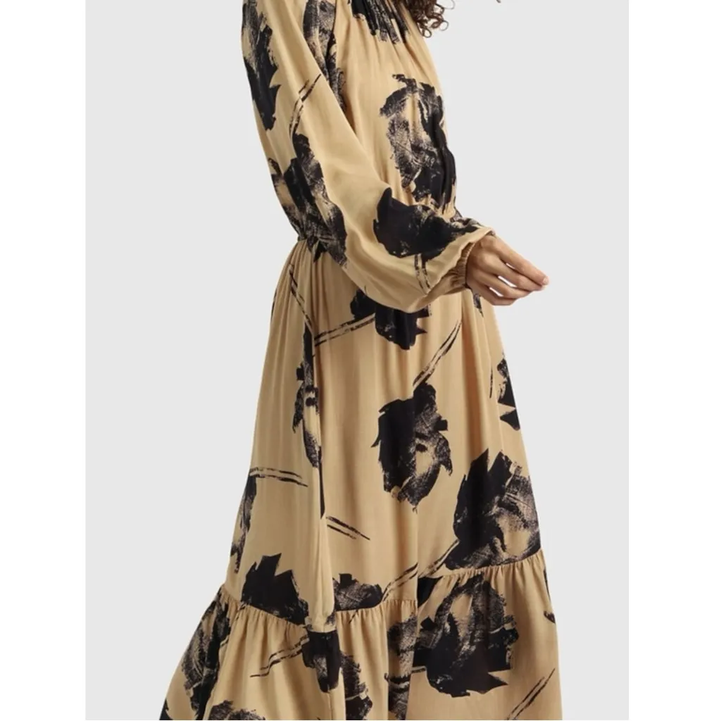 United Colors Of Benetton Black & Tan Floral Long Sleeve Midi Dress Size Large - Image 8