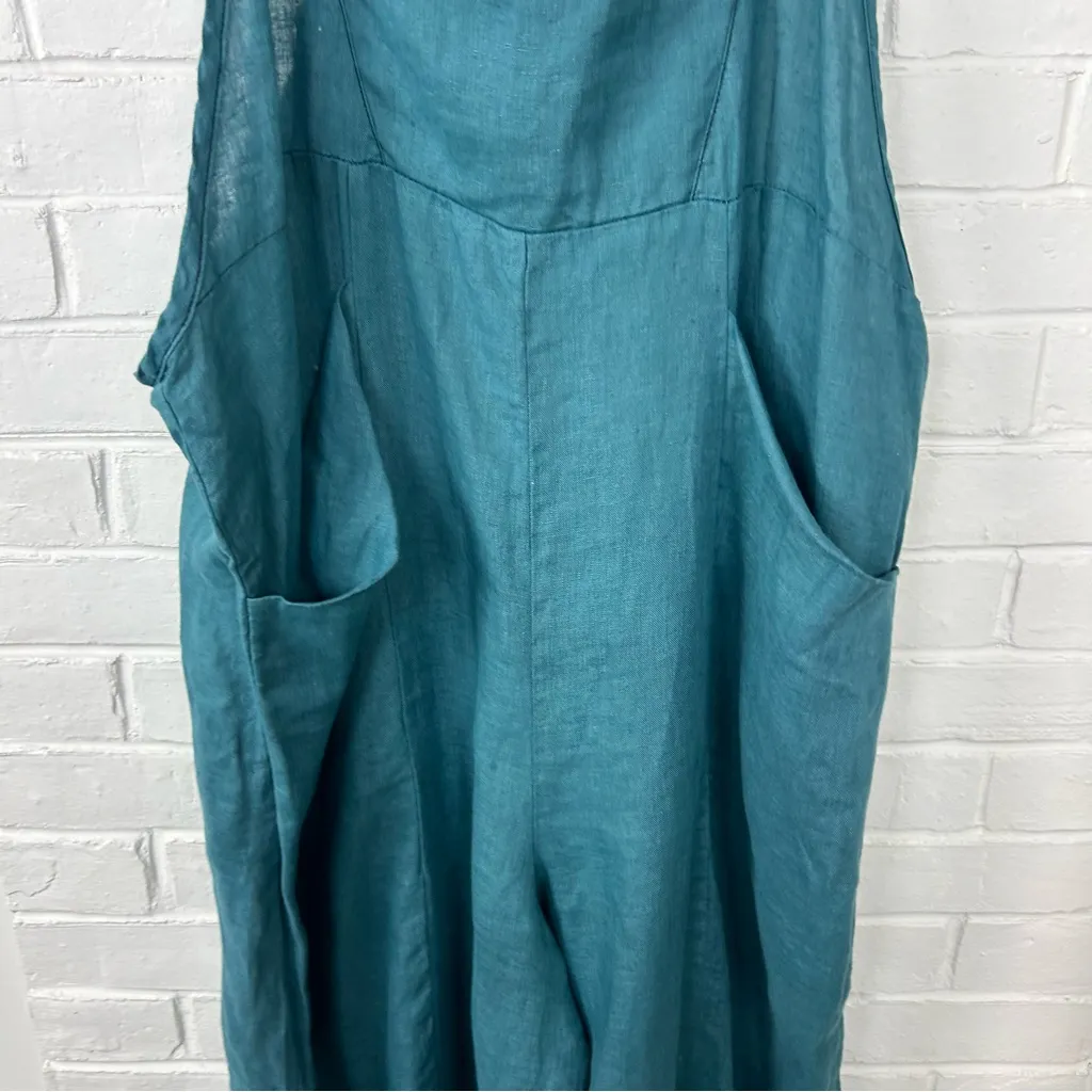 Cynthia Ashby Teal Oversized Baggy Linen Overalls Size M Blue Size M - Image 3