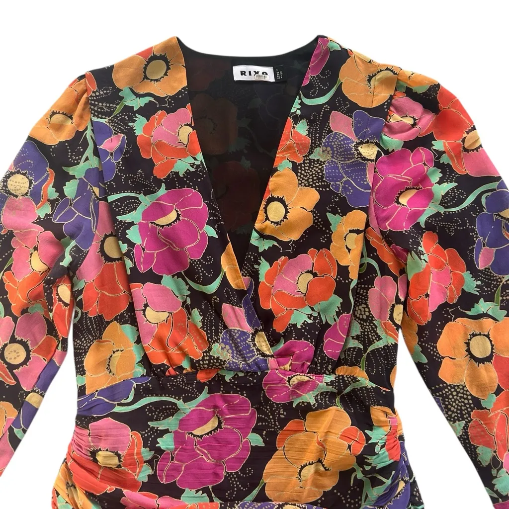 RIXO Silk Golden Floral Ruched Deep V Neck Dress Size 6 Boho Glam Psychedelic Black - Image 6