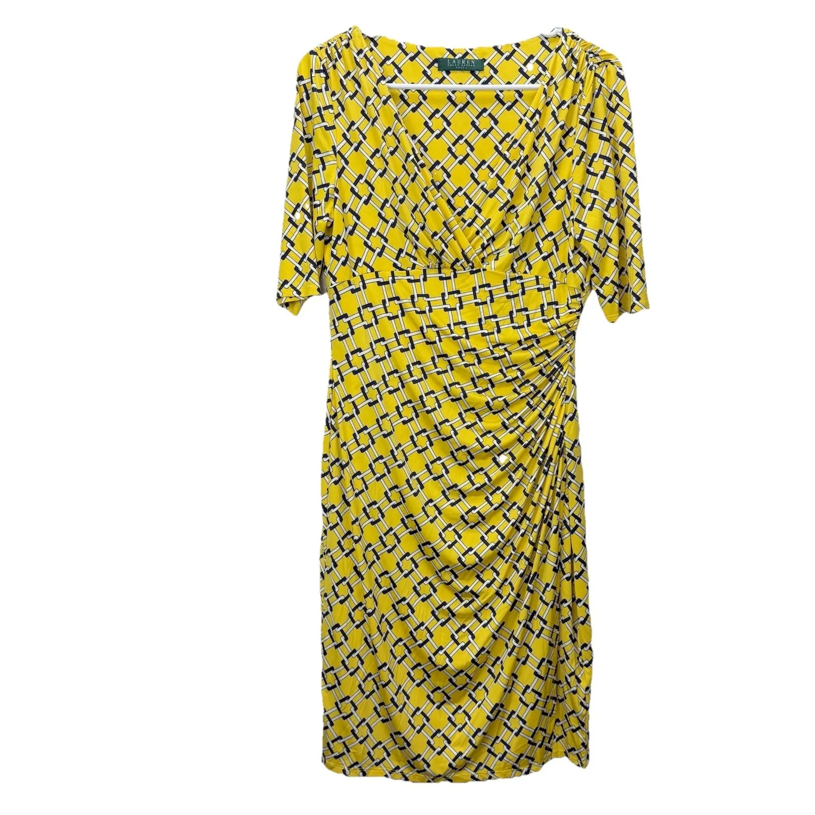 Ralph Lauren Yellow Lattice Faux Wrap Half Sleeve Stretch Sheath Dress Size 8 - Image 2