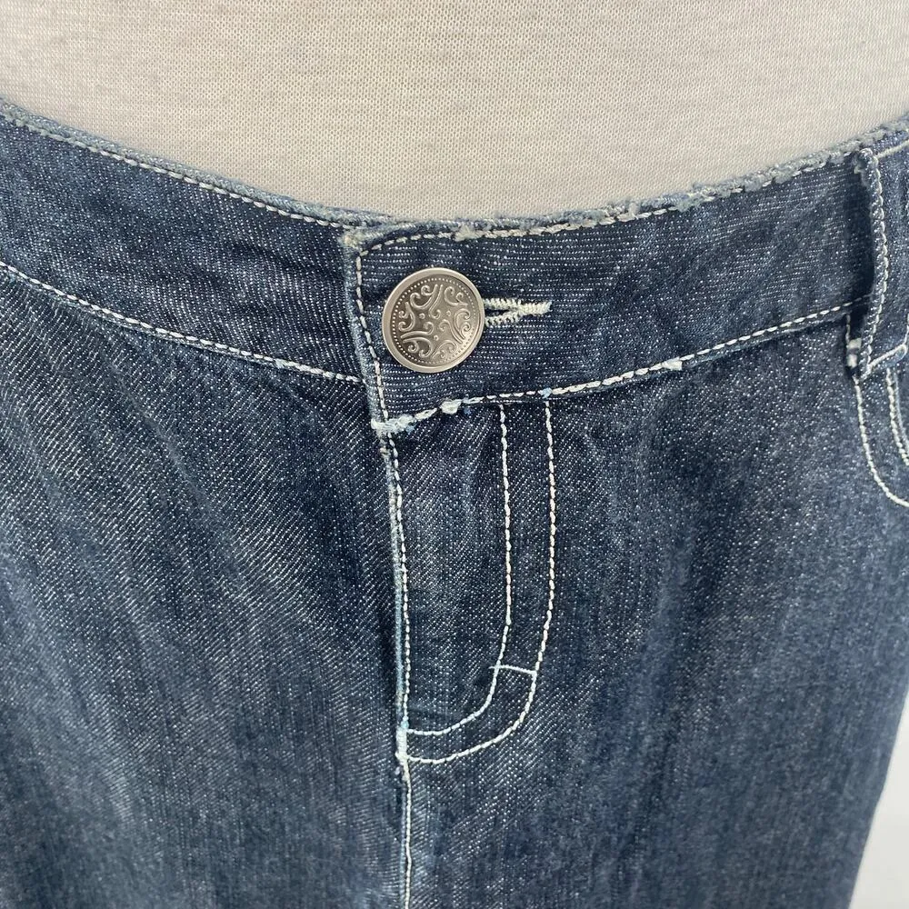 Vintage Y2k Denim Maxi Skirt Low Rise Godet Panel A Line Raw Hem Dark Wash 12/14 Blue - Image 4