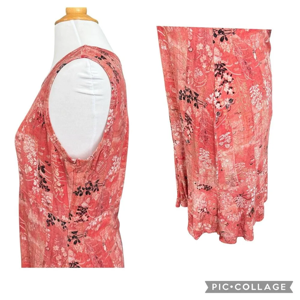 Peruvian Connection Phoenix Midi Dress Crew Neck Coral Terracotta Floral Large - Image 7