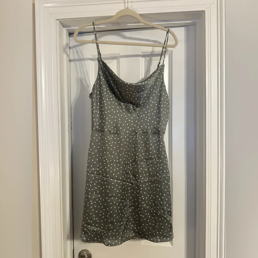 NWT Lulu’s Spot in My Heart Sage Grey Polka Dot Satin Cowl Neck Mini Dress Gray Size L - Image 6