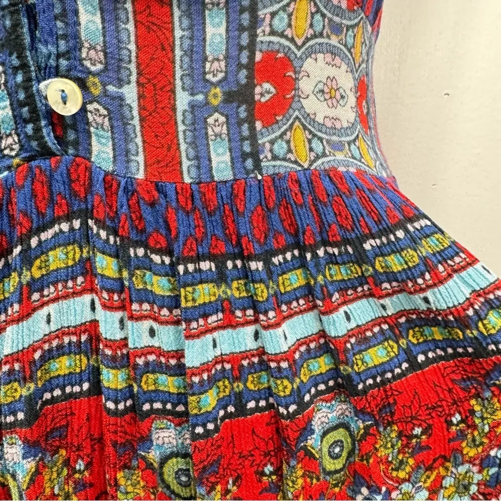 Patrons of Peace Red Blue Yellow Boho Print Ruched Maxi Sundress Size M - Image 5