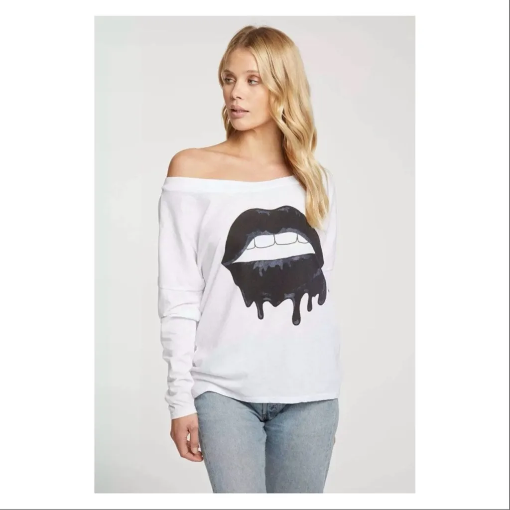 NWT Revolve × Chaser Drippy Black Lips White Long Sleeve Tee - Image 5