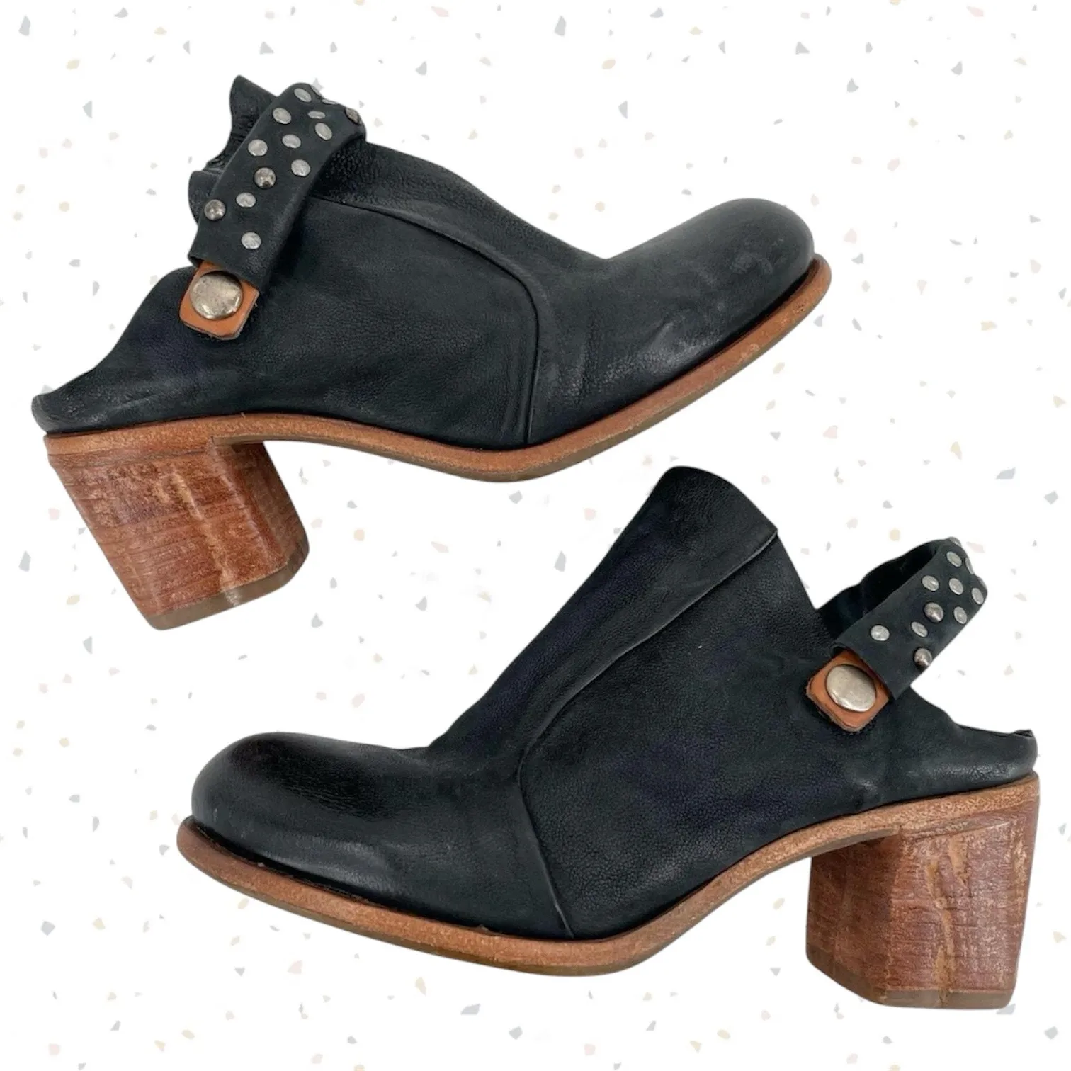 A.S.98 Black Leather Mules Silver Studded Heeled Shoes Boho Cottage EU Size 36 - Image 2