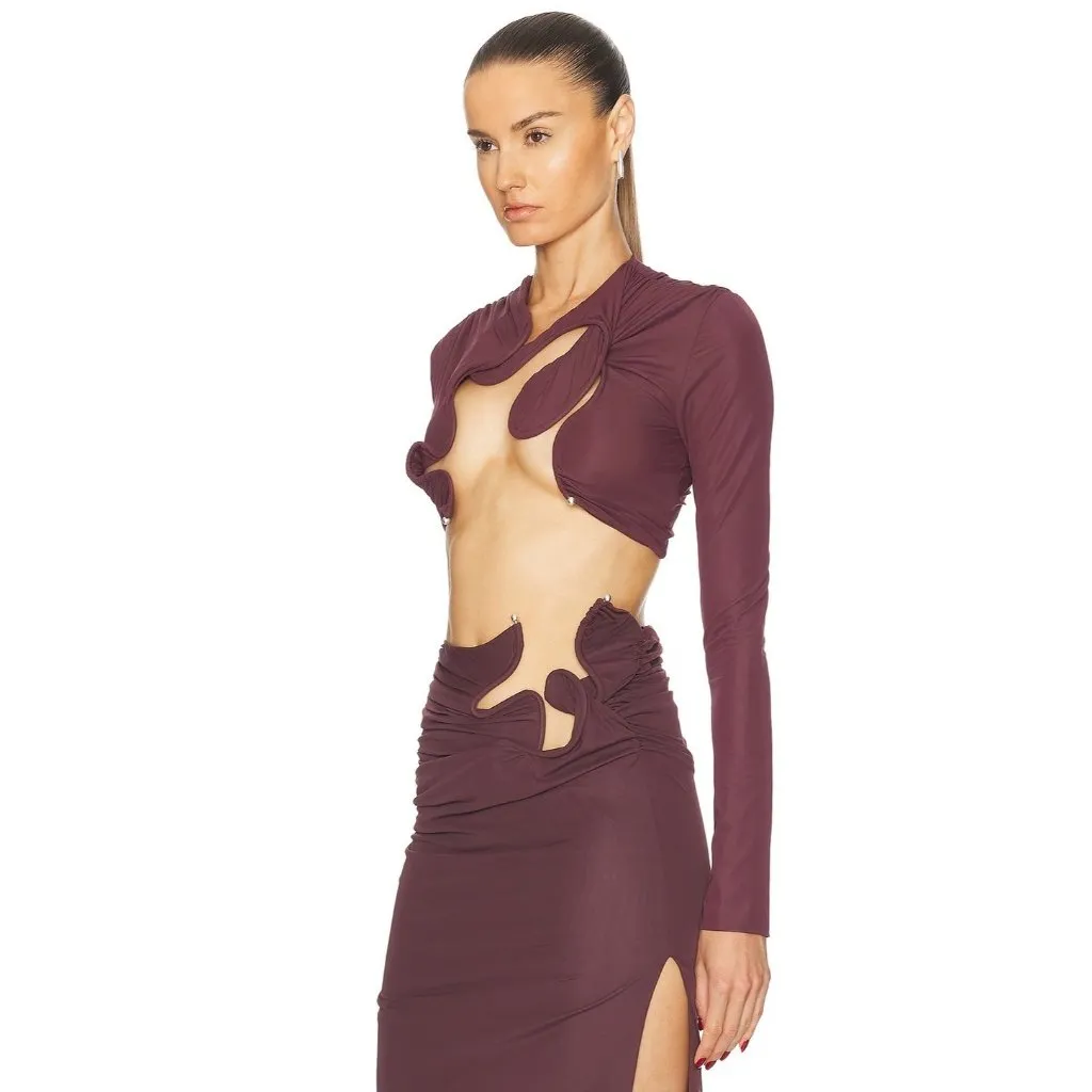 Christopher Esber Venus Long Sleeve Crop Top in Mahogany 2 New Womens Blouse Purple - Image 3