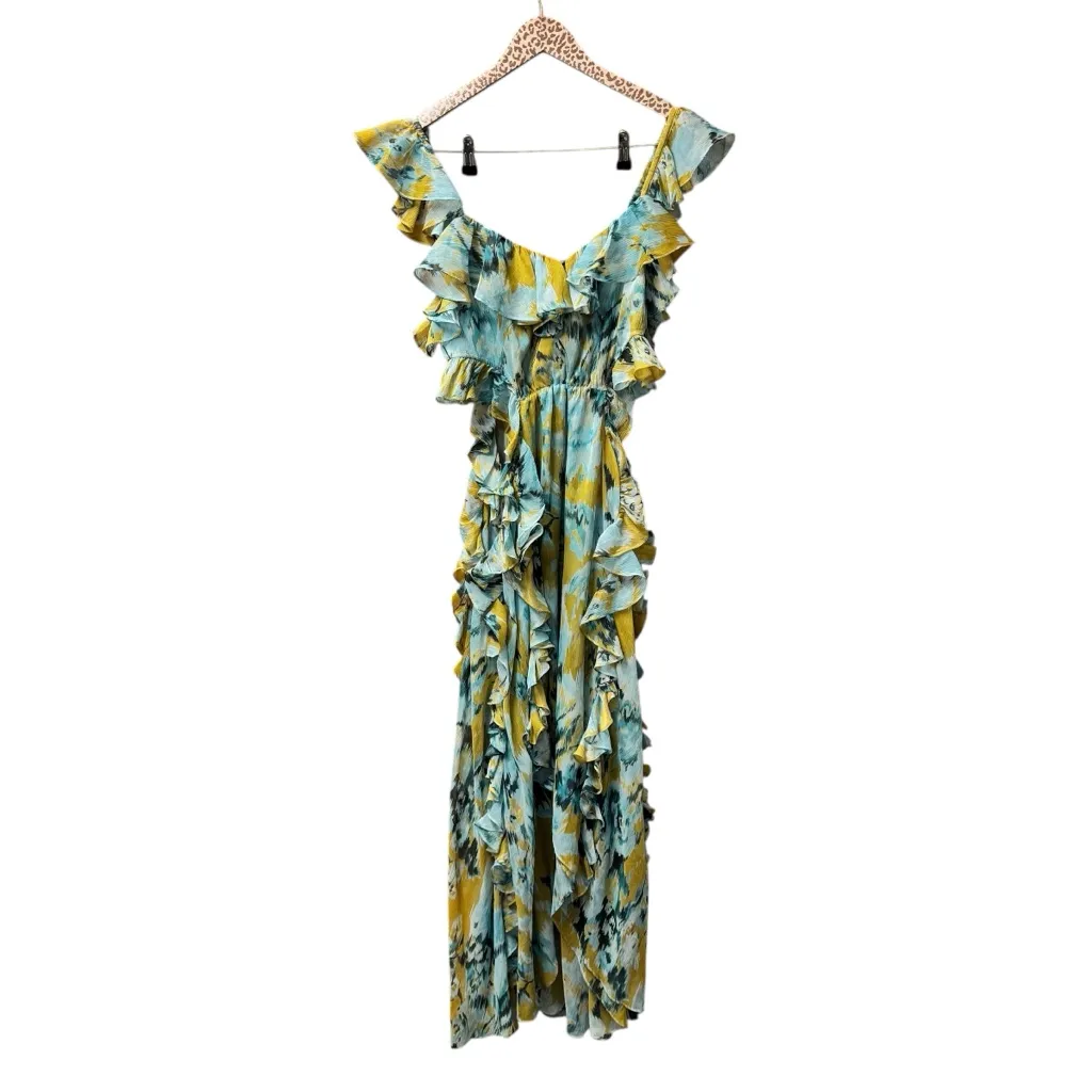 MISA Los Angeles Alessandra Sleeveless Ruffle Midi Dress Blue Yellow Medium - Image 4