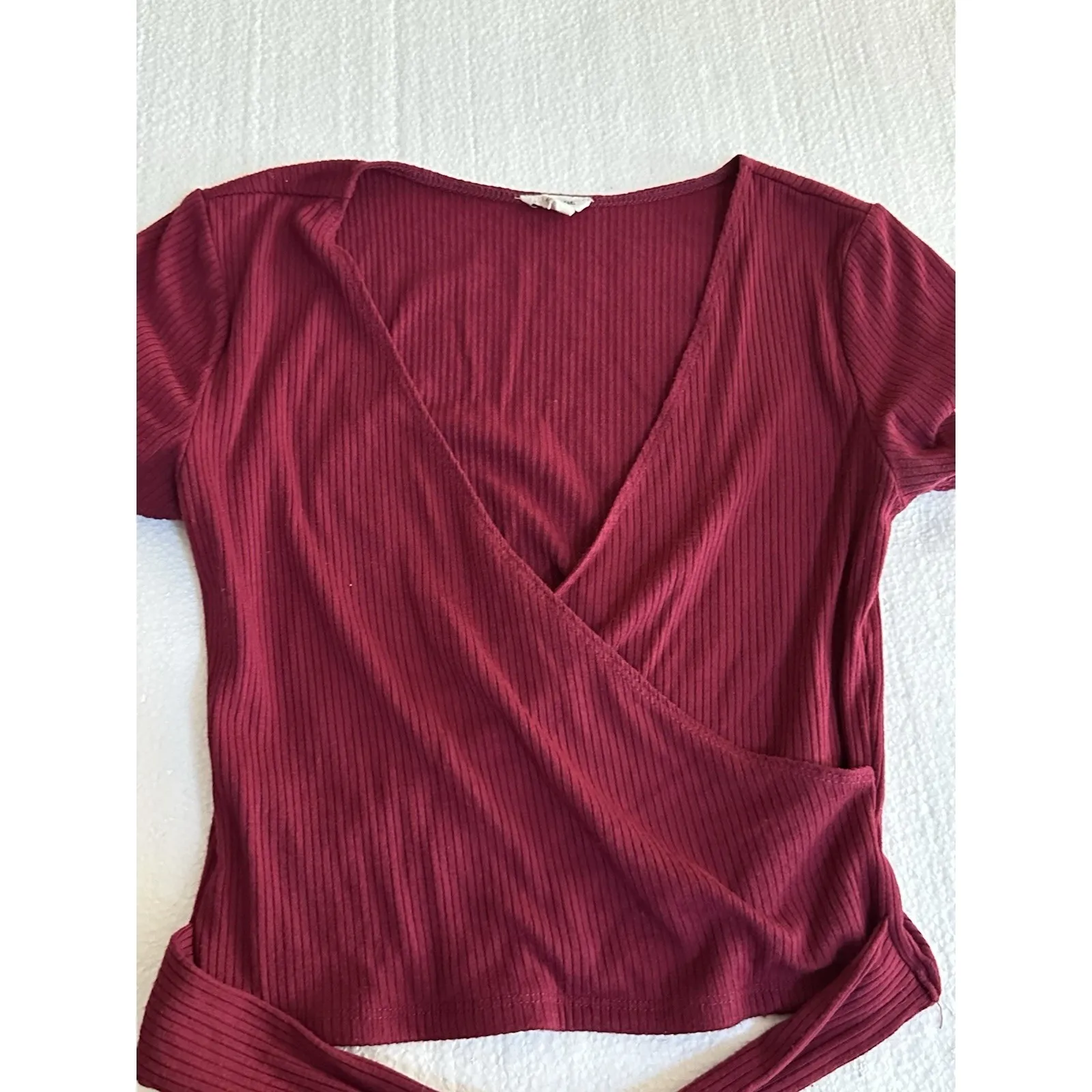 Garage Maroon Red Crop‎ Tie Front Top Ribbed Festival Unique Sexy Club Nightlife - Image 3