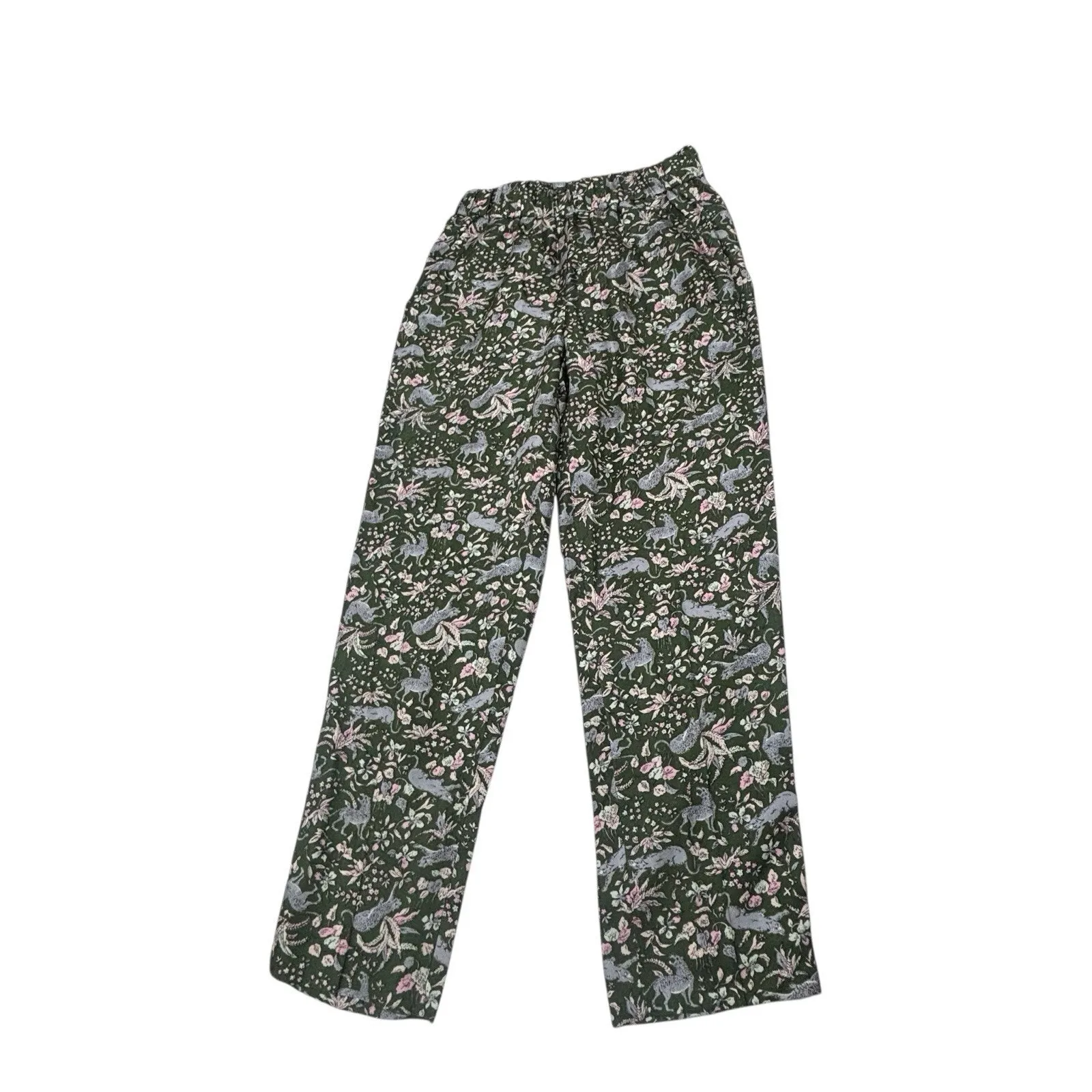 J. Crew Collection Pull On Silk Twill Pants Womens Size 0 Jungle Cat Floral Green - Image 2