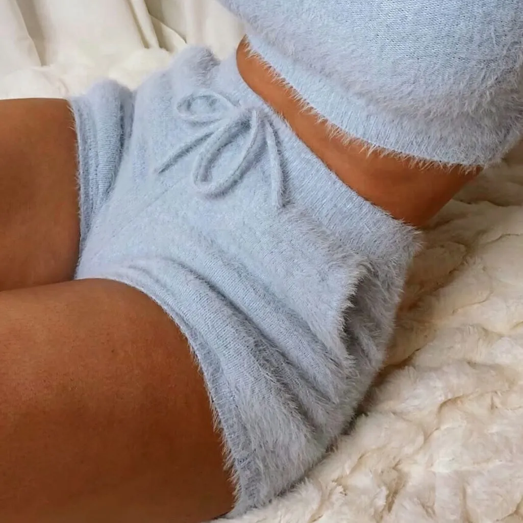 Meshki Luna Fluffy Knit Lounge Shorts Drawstring Pull On Light Blue Small - Image 2