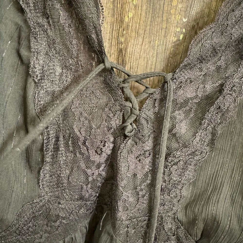 Torrid Black Babydoll Crinkle Lurex Chiffon Crochet Lace-Up Top 00 Medium - Image 6