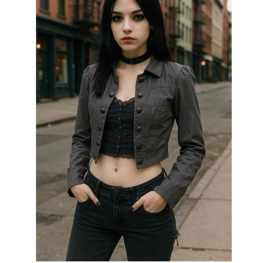 XXI Women Military Cropped Jacket L Metallic Gray Button Front Steampunk Alt Y2K - Image 10