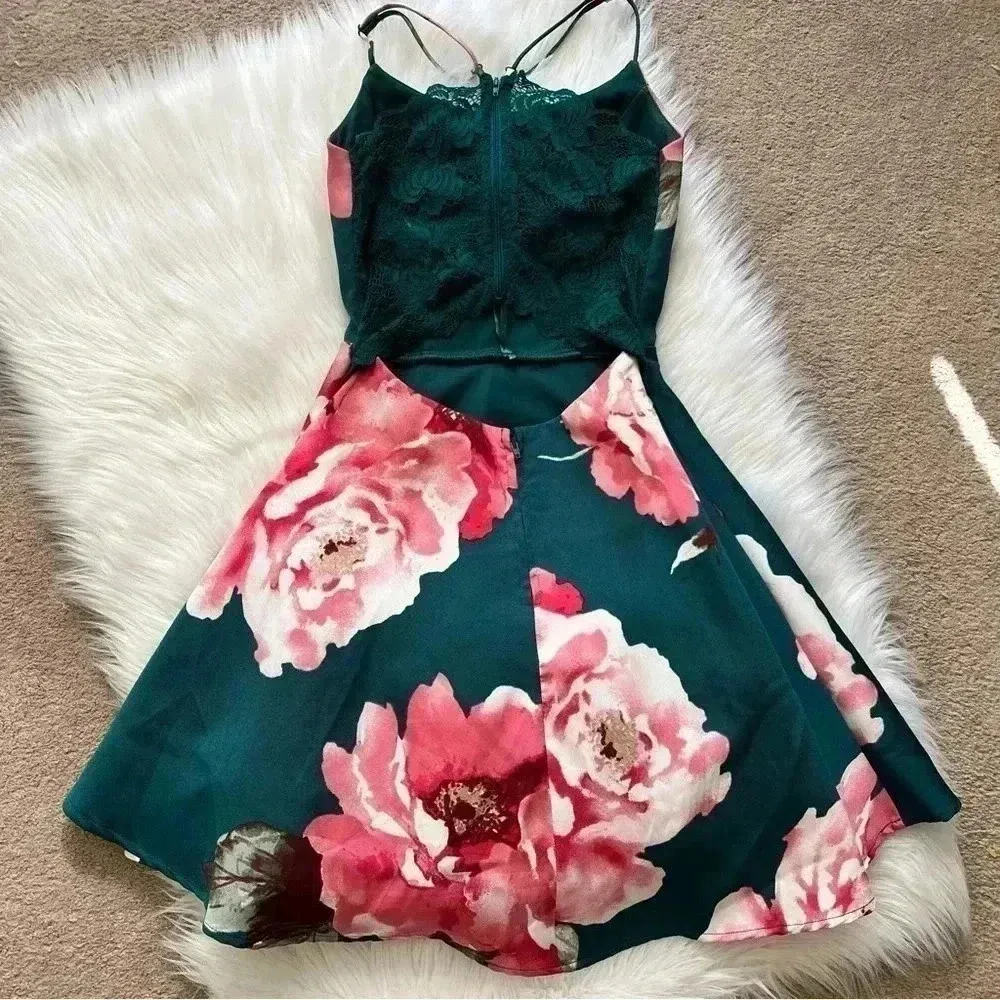 City Triangles Y2K Flare Green & Pink Floral Open Back Mini Dress - Image 9