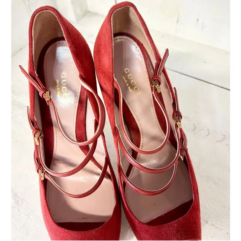 Gucci Lisbeth Suede Strappy Peep Toe Stilettos Heel Pumps Rose Bed Women's 38.5 - Image 6
