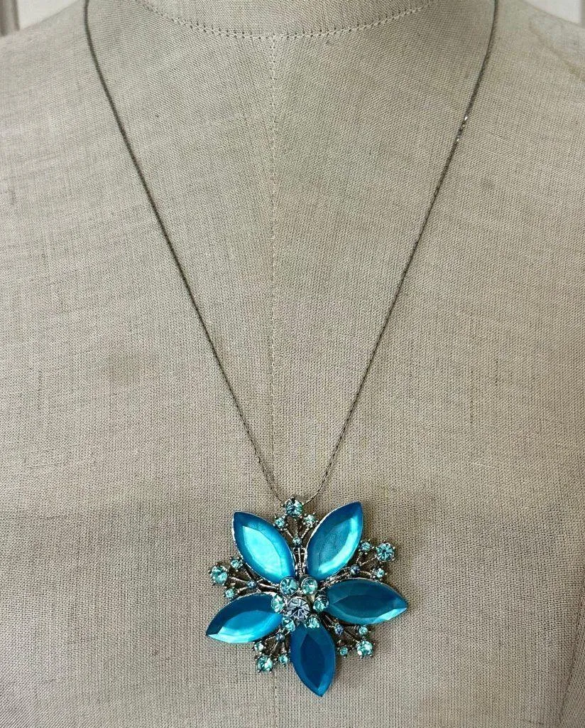 Vintage Blue Frosted Navette Rhinestone Flower Brooch Pendant Silver Tone - Image 2