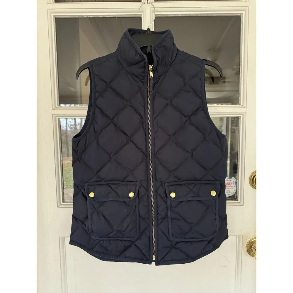 Women's J.Crew Quilted Vest Navy Blue Full-Zip Size Small Front Pockets Button - Image 3