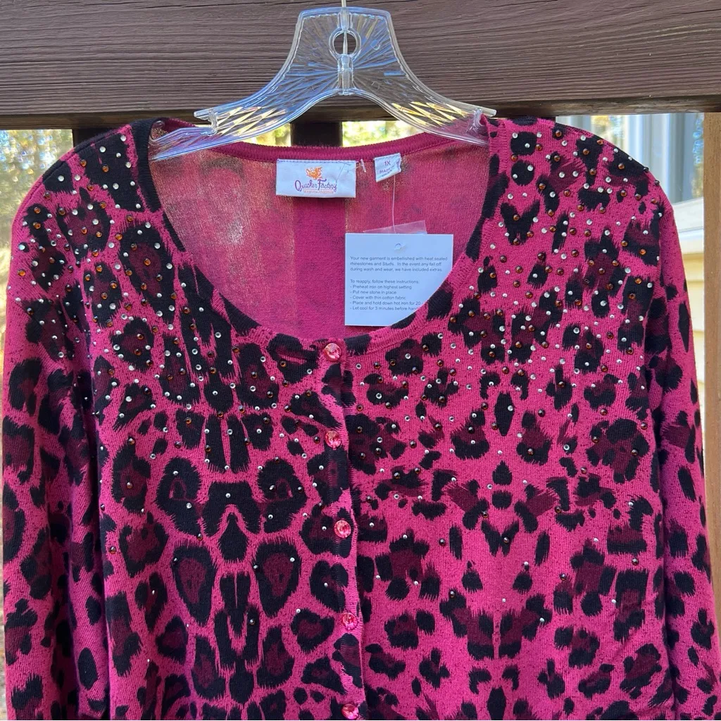 Quacker Factory Womens Leopard Long Sleeve  Rhinestone Cardigan Sweater|Size:1X - Image 11