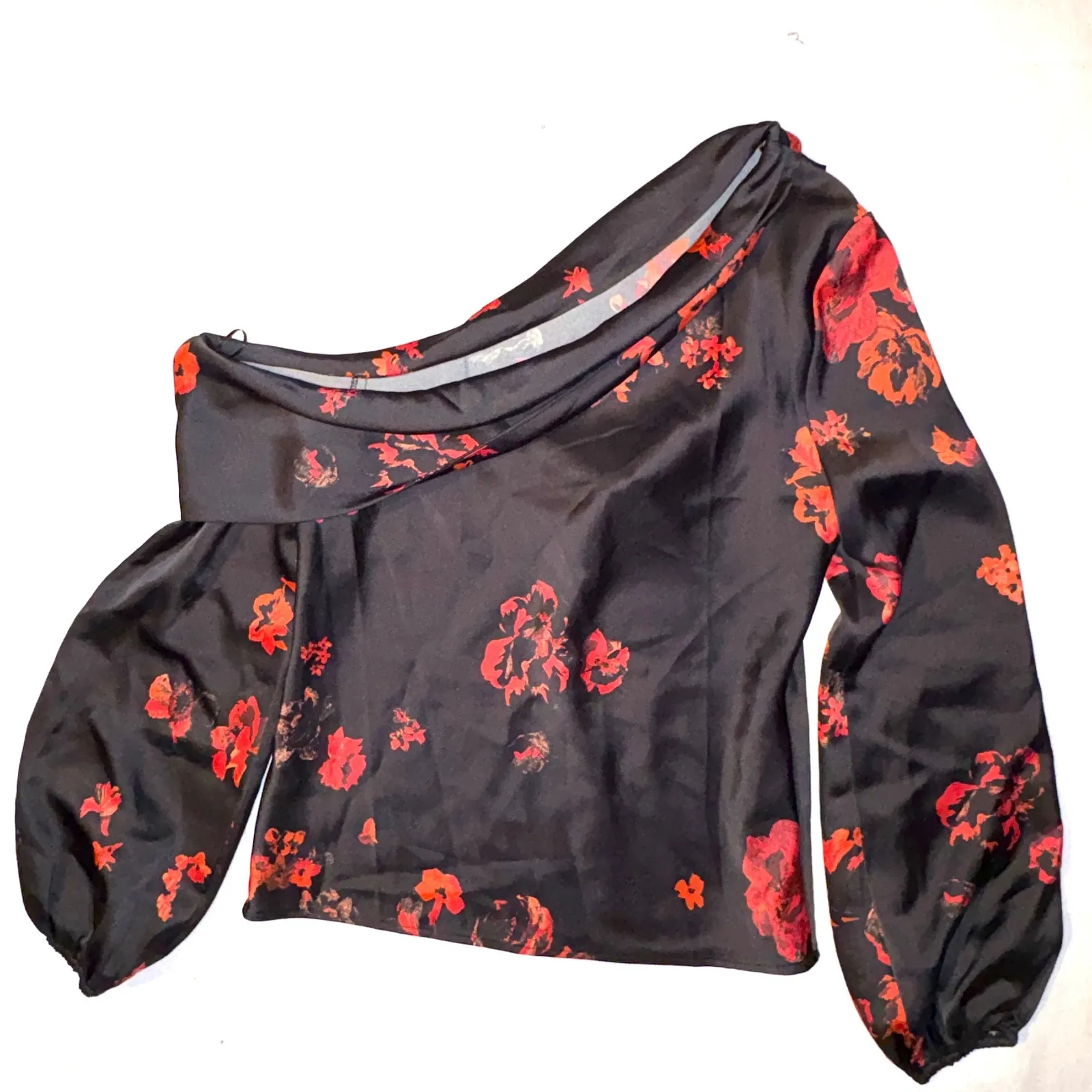 WAYF Black Red Roses Off Shoulder Long Sleeve Satin Blouse Holiday party blouse - Image 8