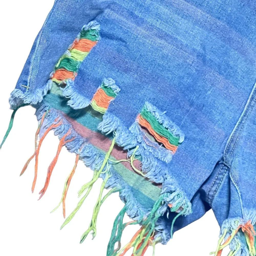 Neon Trimmed Distressed Raw Edge Denim Short - Image 2