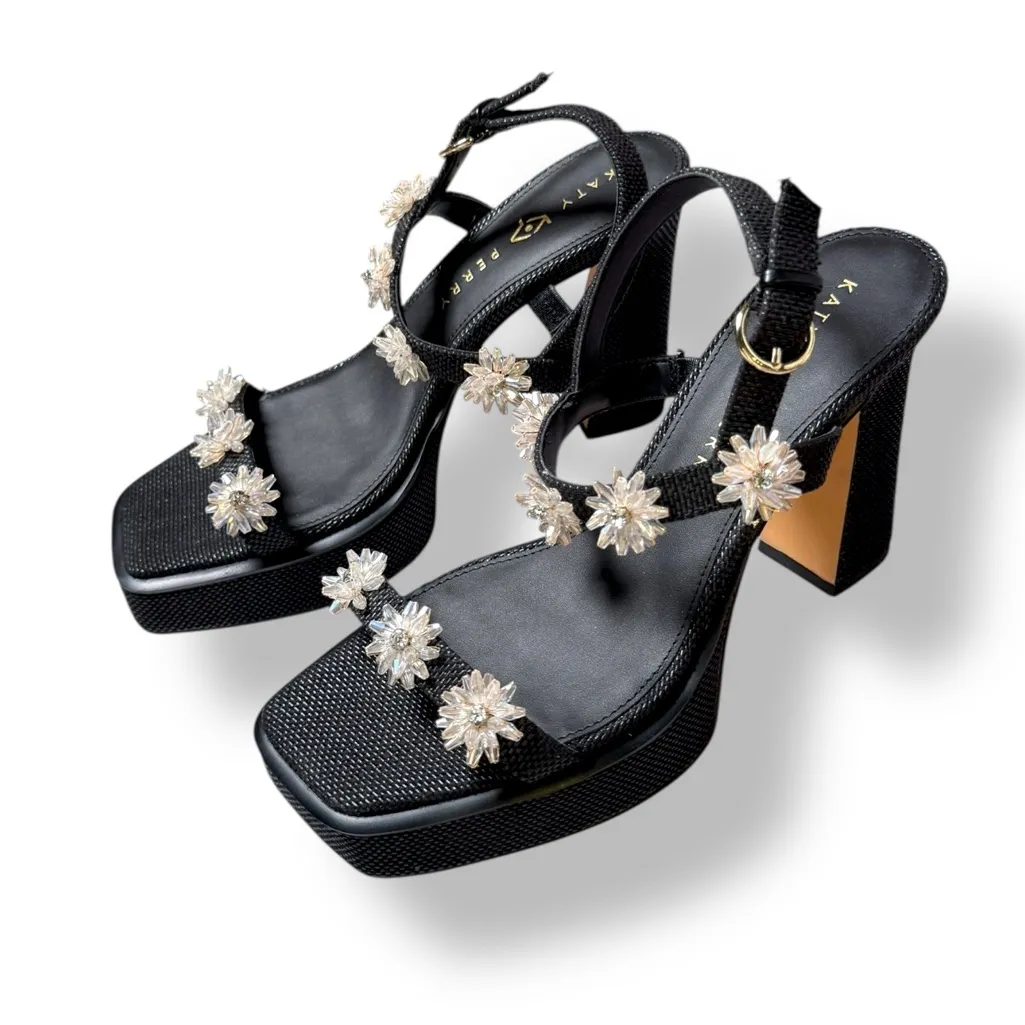 Katy Perry Collections‎ Black Heels White Floral Details square toe platform 10 - Image 3