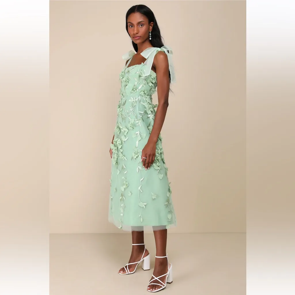Lulus Effortlessly Sweet Sage Tulle 3D Floral Tie-Strap Midi Dress - Image 2