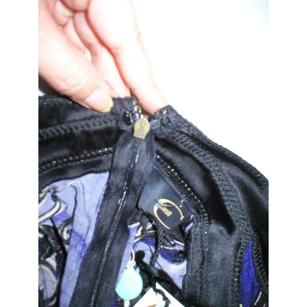 New Womens 8 NWT Italy Just Cavalli Purple Metallic Black Ruffle Print Dress 44 - Image 9