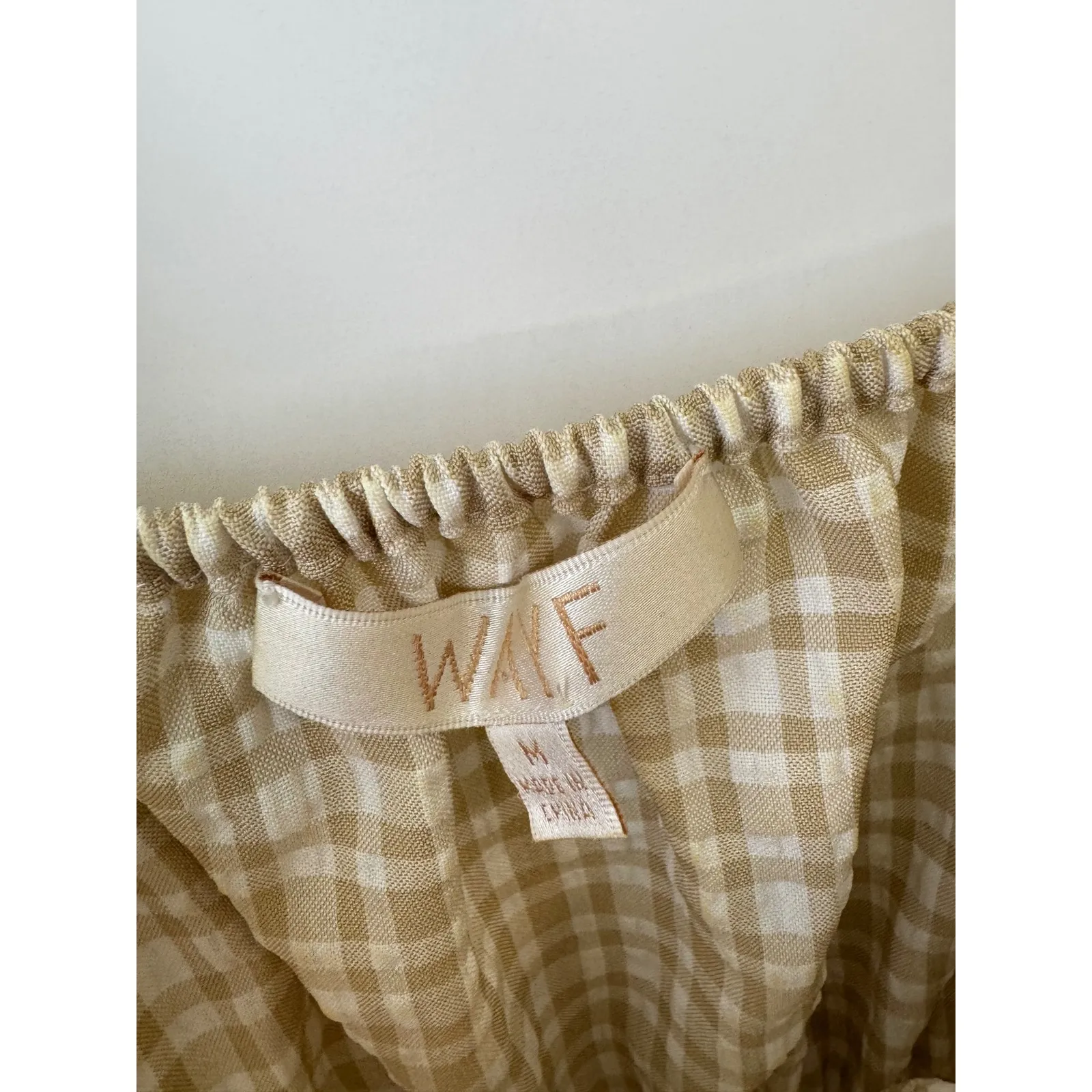 WAYF Gingham Mini Dress Long Sleeve Square Neck Smocked Waist M Tan Size M - Image 3